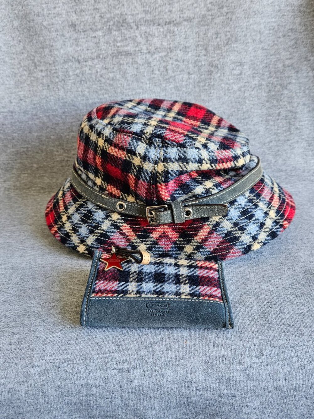 COACH Vintage Tweed-Suede/Wool Wallet And Matching Rain Hat Y2K Set Bucket Hat